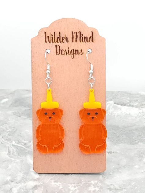 Honey Bear Earrings Bear Earrings Cute Earrings Nostalgic - Etsy Glowforge Acrylic Earrings, Weird Earrings Aesthetic, Fun Earrings Unique, Honey Earrings, Crazy Earrings, Weird Earrings, Weird Jewelry, Bear Earrings, Acrylic Earring