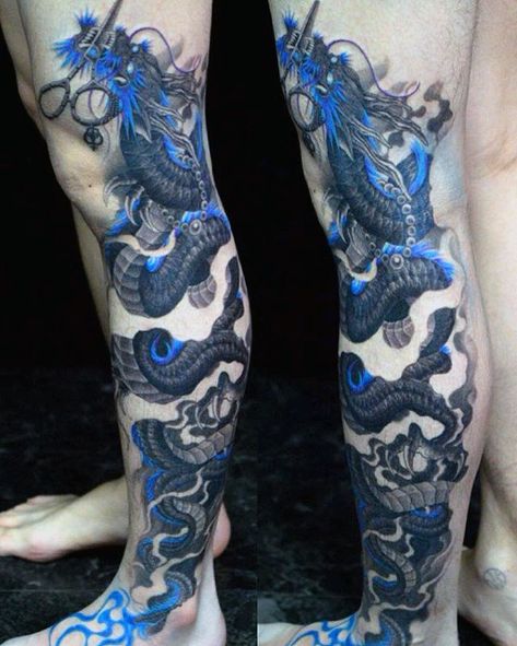 Dragon Calf Tattoo Men, Dragon Leg Tattoo Men, Dragon Calf Tattoo, Dragon Leg Tattoo, Dragon Tattoo Leg, Blue Dragon Tattoo, Biomech Tattoo, Shen Long Tattoo, Dragon Head Tattoo