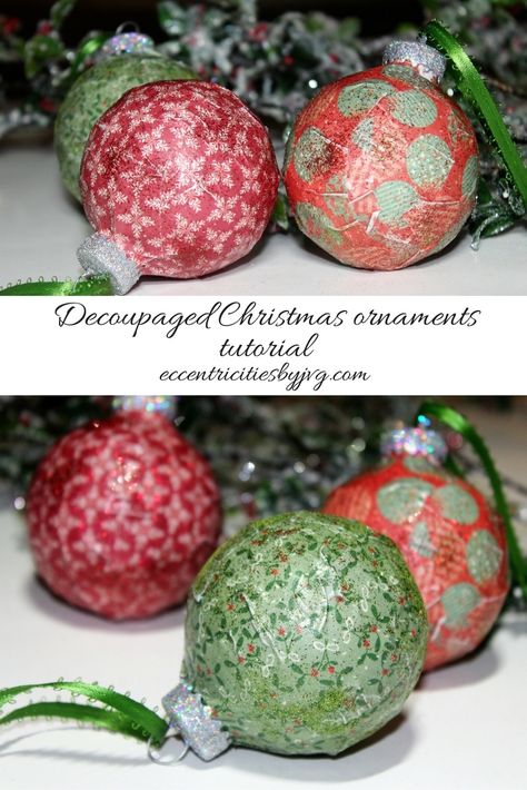 Learn how to make these beautiful glittery decoupage Christmas ornaments to add to the unique decorations of the Christmas tree this season. Easy to make and a tutorial with full pictures and instructions. Head over to the blog to get inspired and learn how to make these glittery Christmas ornaments. #diyornaments Diy Decoupage Christmas Ornaments, Decoupage Christmas Ornaments, Decoupage Ornaments, Christmas Ball Ornaments Diy, Clear Plastic Ornaments, Diy Decoupage, Christmas Scrapbook Paper, Christmas Decoupage, Christmas Card Ornaments