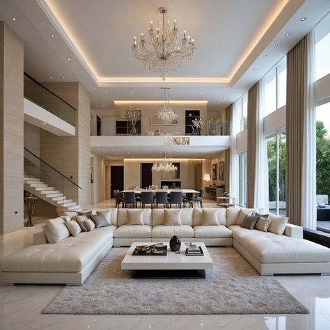 14ft Ceilings Living Rooms, Chandeliers For Living Room High Ceiling, Mansion Living Room Luxury Modern, Fancy Living Room Ideas, High Ceiling Living Room Modern Luxury, Big Luxury Living Room, 12 Foot Ceilings Living Room, High Ceiling Living Room Ideas, Modern Mansion Interior