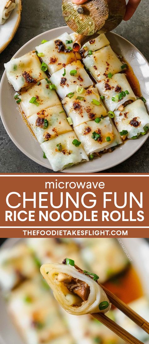 Chinese School Lunch, Fun Asian Recipes, Vegan Microwave Meals, Fun Vegan Recipes, Rice Noodle Rolls Recipe, Cheung Fun Recipe, Chinese Crullers, Rice Rolls Recipe, Homemade Rice Noodles