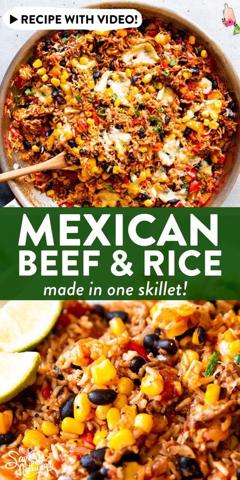 Delish Mexican Beef And Rice Skillet, Mexican Beef N Rice Skillet Delish, Mexican Skillet Casserole, One Pot Mexican Beef And Rice, Fast Dinner Recipes Hamburger Meat, Best Simple Dinner Recipes, What To Eat With Ground Beef, Meals With Taco Meat Ground Beef, Easy Rice Dinner Recipes For Family