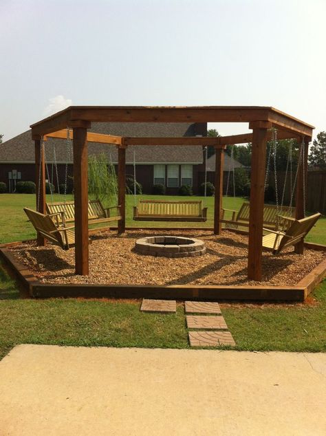 Fire Pit Swing | Outdoor fire pit with swings Yard Layout, Outdoor Fire Pit Seating, Fire Pit Swings, Fire Pit Lighting, Backyard Swings, Deck Building, Fire Pit Furniture, Backyard Seating, Fire Pit Seating