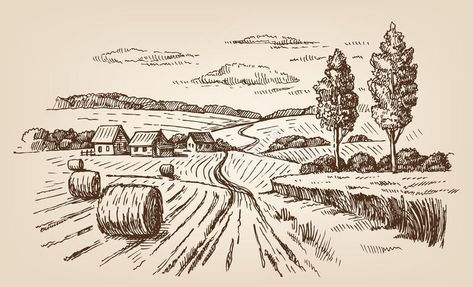 Hand drawn village. Vector hand drawn village houses sketch and nature , #SPONSORED, #village, #Vector, #Hand, #drawn, #sketch #ad Houses Sketch, Farmhouse Images, Lamb Art, Village Drawing, Farm Vector, Scene Tattoo, Landscape Pencil Drawings, Scene Drawing, Landscape Sketch