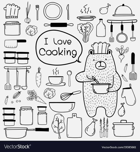 Cafe Stickers, Cooking Clipart, Bakery Icon, Kitchen Clipart, Doodle Clipart, Cartoon Chef, Kitchen Drawing, Zestaw Ikon, Doodle Vector