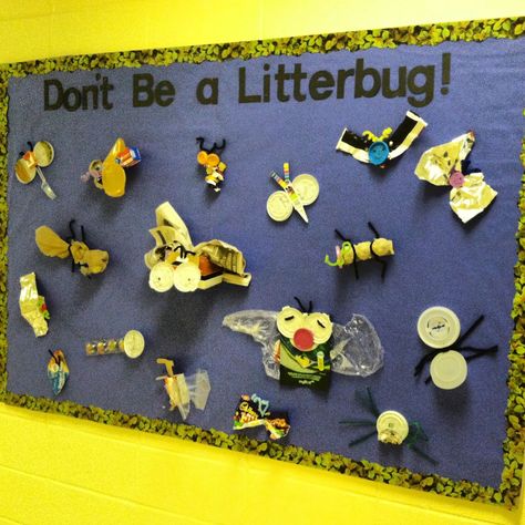 Make litterbugs with litter Door Decorations Classroom Spring, Earth Day Bulletin Board, Recycle Preschool, Science Bulletin Boards, Recycling Activities, Earth Week, Earth Day Projects, Earth Day Crafts, Green School