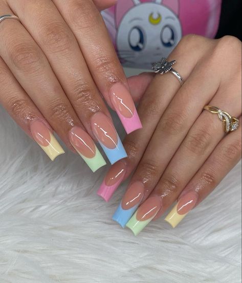 Easter Nail Ideas, Butterflies Pink, Easter Nail, Spring Acrylic Nails, Colored Acrylic Nails, French Tip Acrylic Nails, French Acrylic Nails, Unique Acrylic Nails, Acrylic Nails Coffin Short