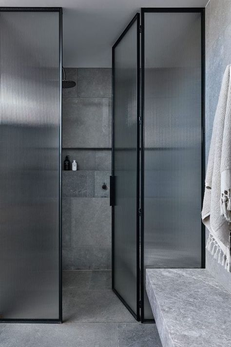 Fluted Glass Shower Enclosure, Ribbed Glass Shower Door, Reeded Glass Shower Door, Sunken Pool, Black Shower Door, Big Villa, Black Shower Doors, Glass Shower Door, Reeded Glass