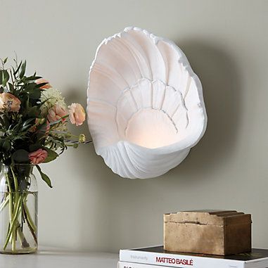 Beach House Lighting, Interior Door Knobs, Shell Light, Beach House Interior, Interior Design Diy, White Lamp, Ballard Designs, Wall Light Fixtures, Upholstered Seating