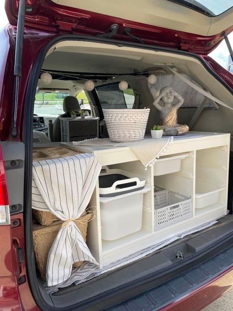 Car Camper Conversion Suv, Suv Van Life, Suv Living Ideas, Microcamper Diy, Suv Camping Hacks, Suv Storage Ideas, Living In Car Aesthetic, Van Organization Ideas, Minivan Living