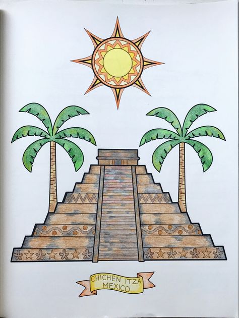 Chichen Itza, Mexico Chichen Itza Drawing, Mexico Drawing Ideas, Mexico Drawing, Chichen Itza Mexico, Puerto Rico Art, Mayan Art, Mexican Crafts, Mexico Art, Perspective Art