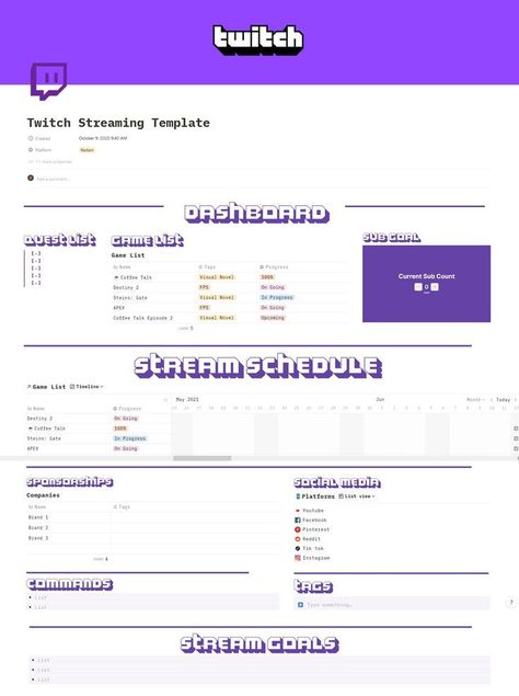 #Stream_Schedule #Notion_Dashboard #Twitch_Streamer #Template_Free Stream Schedule, Meal Prep Planner, Free Daily Planner, Notion Dashboard, Twitch Streaming, Twitch Streamer, Media Planner, Dashboard Template, Planner Dashboard