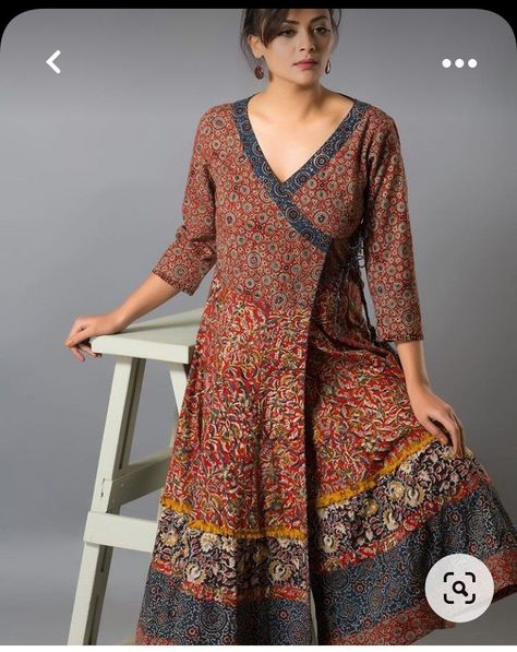 Casual Suit Designs For Women, Angarkha Style Kurti Designs, Ajrakh Kurta Designs Pakistani, Ajrakh Dress Designs, Angrakha Style Kurti Cotton, Kalamkari Frocks For Women, Ajrak Kurti Designs, Ajrak Dress Designs, Kalamkari Kurti Designs Latest