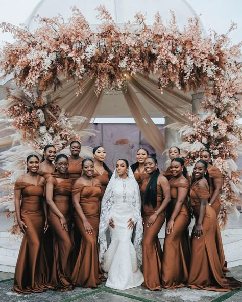 Bronze brown bridesmaids dresses 🤎 Bronze And Black Wedding, Bronze Color Dress, Rustic Brown Bridesmaid Dresses, Copper Bridesmaids Dresses Black Women, Bridesmaid Dresses Brown Shades, Wedding Themes Brown, Black Excellence Wedding Theme, Brown And Cream Bridesmaid Dresses, Chocolate Brown And Gold Wedding