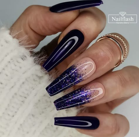 Nail Flash, Nails Inspiration Ballerina, Black And Purple Nails, Dark Purple Nails, Coffin Nails Ombre, Purple Ombre Nails, Purple Glitter Nails, Green Acrylic Nails, Purple Acrylic Nails