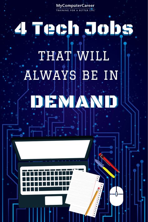 Information Technology has changed the job market a lot over the past few decades. Look at these 4 tech jobs that will be in high demand.  #mycomputercareer #mycc #techtips Tech Jobs, Computer Science Jobs, Tech Sales Career, Science Jobs Career, Computer Science Careers, Information Technology Career, Career And Technical Education, Computer Jobs, Technology Careers