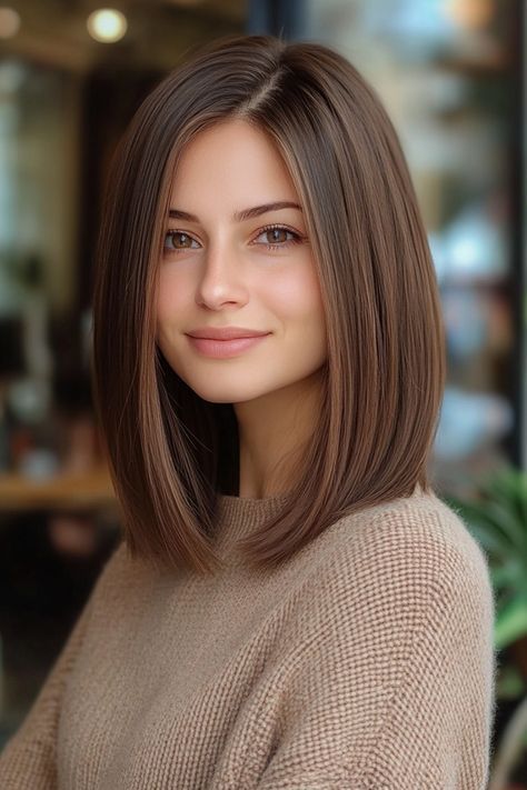 Click for More ➡️ | Save for Later ❤️  Straight one-length hair with a glossy espresso brown finish, exuding elegance and simplicity. (One-Length Haircut with Espresso Shine - Straight Hairstyles For Women) Haïr Style With Straight Hair, Brown Hair With Light Skin, Haïr Style For Women, Modern Short Haircuts For Women, Short Haircut Ideas For Straight Hair, Straight Hairstyles Women, Light Brown Hair Solid Color, Round Face Haircuts Medium Straight, Hair Styles 2025 Women