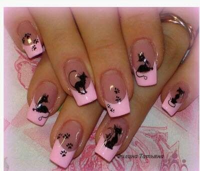 Nails Cat Nail Designs, Fly Nails, Cat Nail Art, Pink Nail Art Designs, Feather Nails, Pedicure Ideas, Cat Nail, Animal Nail Art, Nails 2018