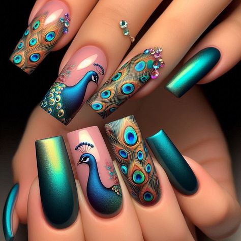 💙💜💗Unique nail design ideas ❤💛💚 Made with AI @Copyright by អាណាចក្រសម្រស់ [[ Beauty Empire ]] 🇰🇭 Peacock Nail Art Designs, Peacock Nails Design, Peacock Nail Designs, Peacock Nail Art, Peacock Nails, Blue Nail Art Designs, Unique Nail Art, Welcome To Home, Chrome Nails Designs