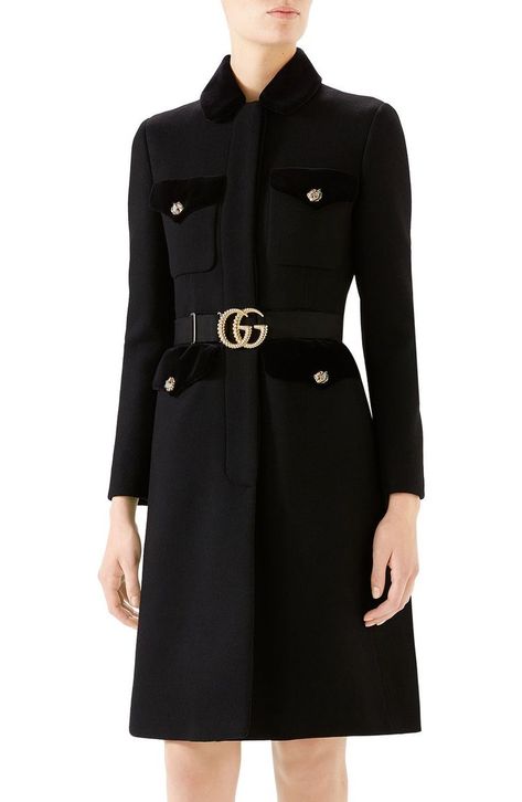 Gucci Gg Belt, Gucci Coat, Military Style Coats, Hattie Carnegie, Gg Belt, Black Wool Coat, Military Coat, Velvet Trim, Wool Blend Coat