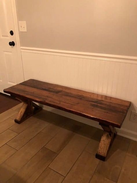 DIY Dining Room Bench Under $20 - The Little Frugal House Wooden Bench Seating Kitchen, How To Make A Dining Bench, Diy Table Bench Seat, Diy Dining Room Bench, Kitchen Bench Table, Diy Dining Bench, Diy Dining Room Furniture, Dining Bench Diy, Dining Room Table Bench