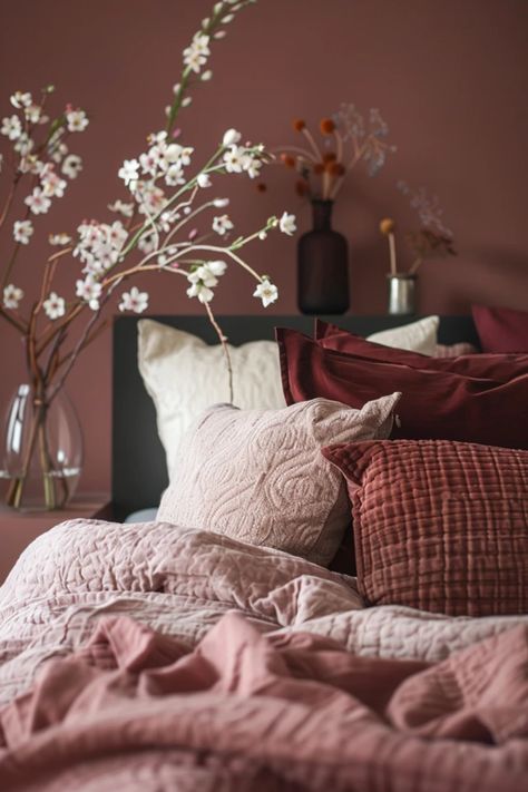 Looking to transform your bedroom into a cozy and inviting haven? Check out these stylish burgundy bedroom inspirations! Perfect for adding warmth, these ideas feature deep maroon shades that create a luxurious feel. Incorporate plush bedding, elegant decor, and vibrant accent pieces to elevate your space. From creating an intimate vibe with soft lighting to utilizing contrasting colors, discover unique tips that will help you craft a relaxing retreat in no time. Get ready to be inspired! Master Bedrooms Decor Burgundy, Wine Bedding Bedrooms, Burgundy Master Bed, Dusty Red Bedroom, Burgundy Bedding Bedroom Ideas, Dusty Rose Guest Bedroom, Pink And Maroon Bedroom, Mauve Bedroom Aesthetic, Bedroom Ideas Maroon