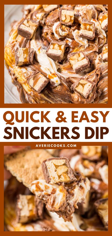 Snickers Dip - Averie Cooks Cream Cheese Candy, Snickers Dip, Snickers Dessert, Snickers Recipe, Easy Dessert Dips, Dip With Cream Cheese, Dessert Dip Recipes, Snickers Cheesecake, Dessert Dip