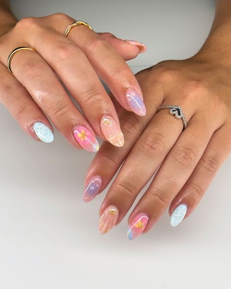 summer freestyle for maddie 🌺🫧🐚 i’m actually so in love with how this set turned out omg and it was so fun to make the water nail likeeee look how realistic?? love. #nails #nailart #summernails #summer #gelx #gel #gelnails #vbeautypure #apresgelx #après #vbp #nailinspo #nailinspiration #gelextensions #almondnails Water Effect Nails, Hawaii Inspired Nails, Summer Nails Fun, Teen Nails, Cruise Nails, Aqua Nails, Beachy Nails, Colourful Nails, Water Nails