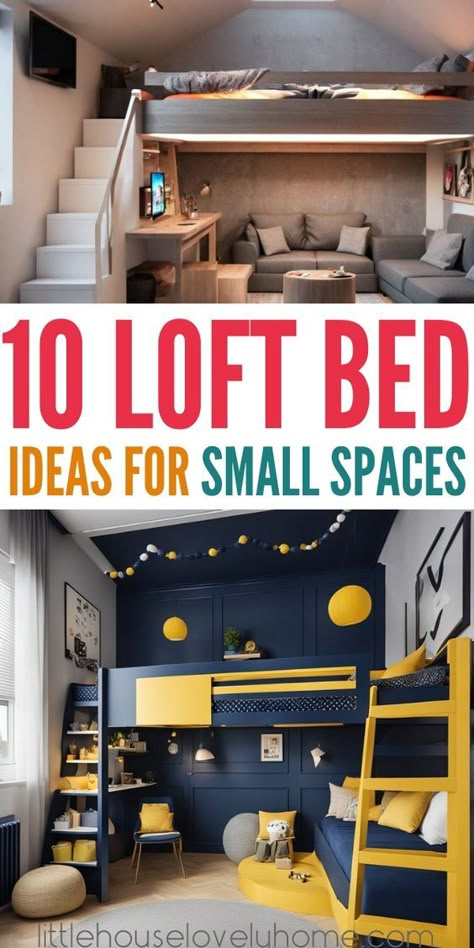 Loft beds: not just for kids anymore! These clever space-savers are becoming increasingly popular for good reason.   They offer a practical solution for maximizing limited square footage while adding a touch of personality and functionality to your space. Boys Loft Bedroom, Loft Bedroom Kids, Boys Loft Beds, Loft Bed Ideas For Small Rooms, Cool Loft Beds, Loft Beds For Teens, Study Nooks, Small Boys Bedrooms, Loft Beds For Small Rooms