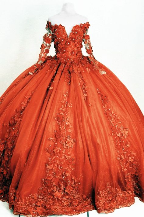 Rust Orange Quince Dress Orange Ballgown Dress, Burnt Orange Quinceanera Dress, Orange Quinceanera Theme, Orange Quince, Orange Ball Gown, Orange Quince Dresses, Orange Wedding Dress, Medieval Ball Gown, Orange Quinceanera Dresses