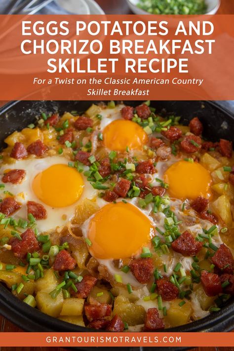 Chorizo And Eggs Recipe, Country Skillet Breakfast, Chorizo Recipes Breakfast, Potatoes And Chorizo, Country Skillet, Skillet Breakfast, Breakfast Skillet Recipes, Breakfast Tacos Recipe, Eggs Potatoes