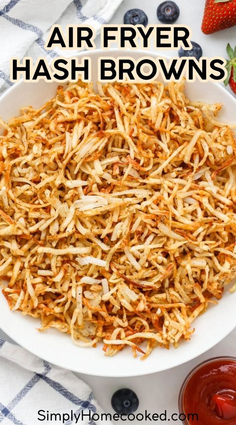 These Air Fryer Hash Browns are savory, simple, and so delicious. Made in an air fryer, they have all the great flavor you love in hash browns with none of the grease. Airfry Hashbrown Potatoes, Hash Brown In Air Fryer, Air Fryer Shredded Hashbrowns, Air Fryer Hashbrowns From Scratch, Air Fried Hashbrowns, Air Fry Hashbrown Potatoes, Hashbrown Airfryer Easy Recipes, Air Fryer Hash Browns From Scratch, Frozen Hash Browns In Air Fryer