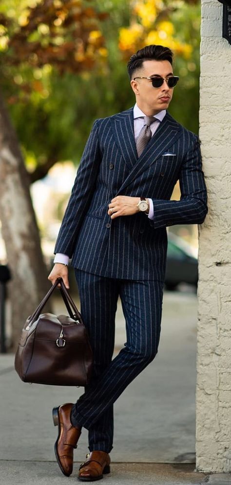 Navy Suit Style, Navy Blue Pinstripe Suit, Pin Stripe Suit, Gents Suits, Work Wardrobe Essentials, Blue Pinstripe Suit, Men In Blue Suits, Navy Pinstripe Suit, Jeans Suit