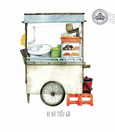 [Illustrations] The Beauty of Saigon Street Carts Through the Eye of Its Beholder - Saigoneer Cultural Iceberg, Food Trolley, Vietnamese Street Food, Food Vintage, Paint Store, Vietnam Art, Ice Cream Cart, Food Anime, Street Vendor