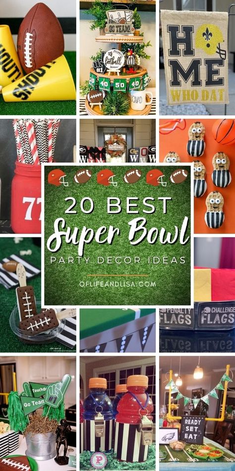 20 Fun and Simple Super Bowl Party Decor Ideas - Of Life and Lisa Super Bowl Table Decor, Superbowl Party 2024, Work Super Bowl Party Ideas, Super Bowl House Warming, Superbowl Party Centerpieces, Easy Super Bowl Decorations, Super Bowl Set Up, Superbowl Party Table Decor, Decorate For Superbowl Party