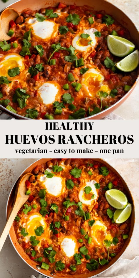 These huevos rancheros are easy to make, super filling, and so flavorful! Serve for breakfast, lunch, or dinner with chopped cilantro on top and sliced bread on the side. Huevos Rancheros Recipe Vegetarian, Huevos Rancheros Healthy, Meat And Veggie Breakfast, Vegetarian Huevos Rancheros, Vegetarian Egg Dishes, Meal With Eggs, Mediterranean Egg Bake, Vegetarian Egg Recipes, Mexican Eggs Huevos Rancheros