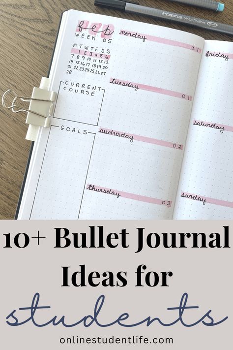 Pin title is 10+ bullet journal ideas for students with image of a weekly bullet journal spread open on desk. Journaling For School, Study Planner Bullet Journal, Bullet Journal For School, Bujo Spread Ideas For Students, Bullet Journal Study Tracker, Bullet Journal Ideas For School, Bullet Journal Ideas School, Study Tracker Bullet Journal, Student Bullet Journal