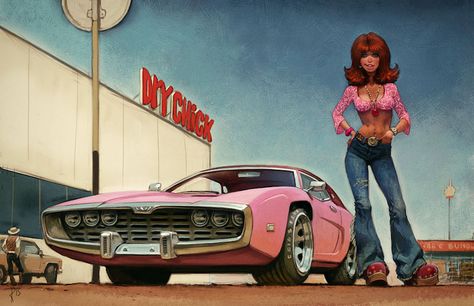 The socially deviant and provocative digital art of Waldemar Von Kozak | Dangerous Minds Pin Up Drawings, Freelance Artist, Automotive Art, Classic Cars Vintage, Pin Up Art, Retro Futurism, College Art, Animation Art, Art Girl