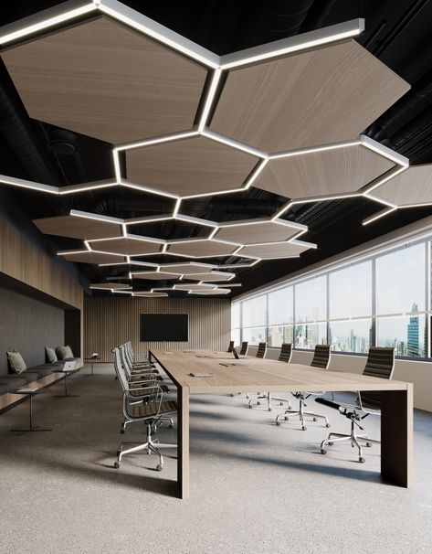 Timba Hexagonal Acoustic Bespoke Feature Ceiling Office Ceiling Design, Space Ceiling, Led Office Lighting, Conference Room Design, Meeting Room Design, Office Ceiling, Corporate Interior Design, Interior Ceiling Design, Office Interior Design Modern