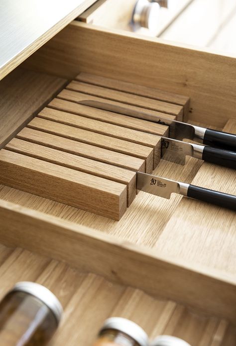 Drawer Organization Kitchen, Kitchen Drawer Inserts, Cutlery Drawer Organization, Drawers Ideas, Kitchen Gadgets Organization, Deep Drawer Organization, Kitchen Drawer Dividers, Bespoke Joinery, Cutlery Drawer