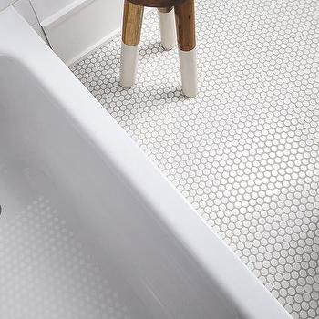 Dip Dyed Stool in White Penny Tiles - Transitional - Bathroom White Penny Round Tile Bathroom Floor, White Penny Tile Grey Grout, White Penny Tile Bathroom, Light Gray Grout, Penny Tile Shower Floor, Penny Round Tile Bathroom, White Penny Tile, Penny Tile Bathroom Floor, Venetian House