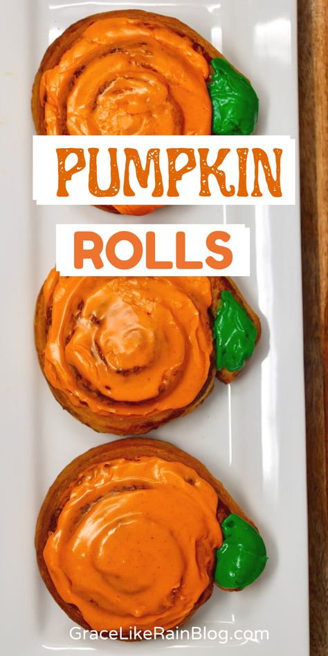 These Pumpkin Shaped Cinnamon Rolls are a great breakfast option this fall or any time of year. You'll love how quick and easy it is to make this extra special breakfast for your family and friends. Not only are we making a pumpkin flavored roll, but we're also making it look like a pumpkin. It's almost too cute to eat! Pumpkin Shaped Rolls Easy, Pumpkin Roll With Design, Pumpkin Shaped Pizza Rolls, Cinnamon Roll Pumpkin Shape, Pumpkin Shaped Cinnamon Rolls Easy, Pumpkin Shape Dinner Rolls, Shaped Cinnamon Rolls, Stovetop Appetizers, Cinnamon Roll Frosting