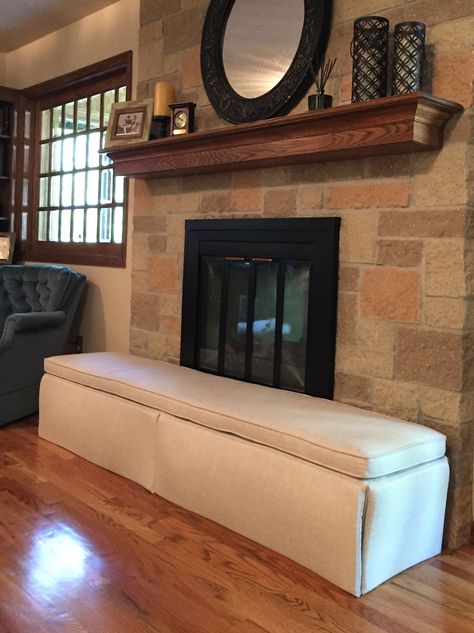 Custom designed for childproofing the fireplace hearth. Exquisite quality in a variety of colors and fabrics. Hearth Cushion, Baby Proof Fireplace, Prefab Fireplace, Wall Tiles Living Room, Small Basement Remodeling, Tiles Living Room, Fireplace Seating, Concrete Fireplace, Fireplace Hearth