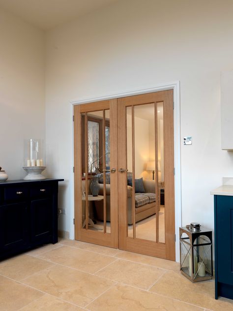 Classic style oak glazed #doubledoors JB Kind's River Oak Darwen Oak Glazed Internal Doors, Oak French Doors, Internal Oak Doors, Oak Interior Doors, White Internal Doors, Internal Wooden Doors, Internal Glass Doors, Room Divider Doors, Interior Wood Doors