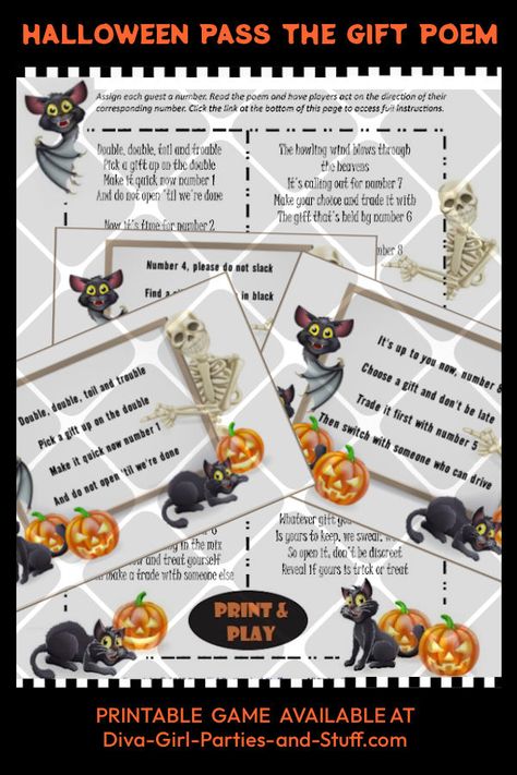 Halloween Pass the Gift Game Poem Pin Pass The Gift Game, Witches Night Out, Gift Card Games, Girl Parties, Gift Exchange Games, Ghost Games, Small Treats, Candy Games, Free Printable Games