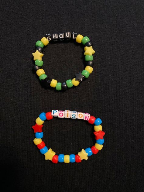 Party Poison And Fun Ghoul, Party Poison X Fun Ghoul, Mcr Kandi Bracelets, Words To Put On Kandi, Fun Ghoul Mcr, Mcr Bracelet Ideas, Horror Kandi, Fun Ghoul Killjoys, Cute Kandi Bracelets