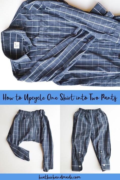 Learn how to upcycle one button up shirt into two pairs of kid pants. One pair of pants is from the sleeves and one is from the body. One shirt or one pair of pants has tons of fabric. Way more than I realized until I started working on this series. Did you know you can make two pair of pants from one button up shirt? It might be a little cliche but I love having my kids match. Or at least coordinate. So making them pants from the same shirt was just too adorable! Toddler Pants Pattern Free Sewing, Free Baby Sewing Patterns, Upcycle Pants, Sew Tutorials, Pants Pattern Free, Harem Pants Pattern, Harlem Pants, Upcycle Kids, Baby Sewing Patterns Free