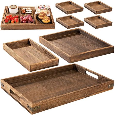 Amazon.com: Rustic Wooden Serving Trays with Handle - Set of 7 - Large, Medium, Small and Mini - Nesting Multipurpose Trays - for Breakfast, Coffee Table/Butler & More - Light & Sturdy Paulownia Wood : Home & Kitchen Plywood Serving Tray, Ottoman With Serving Tray, Serving Trays Wooden, Tray For Wood Coffee Table, Trays For On Top Of A Mattress In A Bedroom Rustic, Modern Wood Serving Tray, Wooden Storage Tray, Rustic Wooden Serving Tray, Modern Rustic Serving Tray