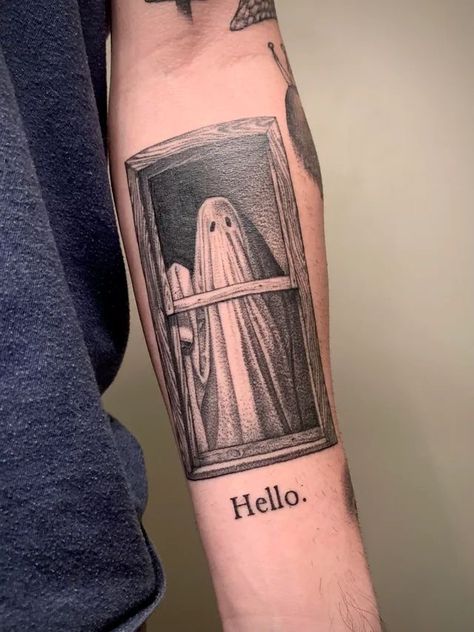 Ghost Holding Camera Tattoo, Midwest Gothic Tattoo, A Ghost Story Aesthetic, Two Ghosts Tattoo, Halloween Inspired Tattoos, Ghost Tattoo Ideas, Tattoo Ghost, Haunted House Tattoo, Ghost Tattoos