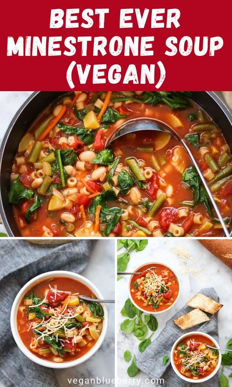 Make this easy, healthy stovetop vegan minestrone soup for lunch or dinner! It's one of the best vegan soup recipes, filled with delicious flavors, hearty vegetables, and noodles! Definitely give this Italian, homemade minestrone soup a try! Blue Zone Minestrone Soup Recipe, Minestrone Soup Vegetarian, Menistrony Soup, Vegetarian Minestrone Soup Recipe, Healthy Crockpot Minestrone Soup, Minastorni Soup, Vegan Ministroni Soup Recipe, Vegan Minestrone Soup Recipe, Ministroni Soup Recipe